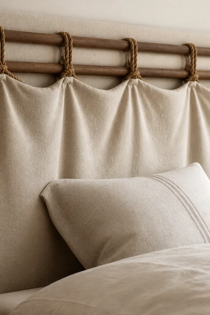 A headboard covered with heavy canvas in oatmeal. Two wooden dowels run horizontally near the top, and chunky rope ties pull the canvas into soft draped sections. The rope is natural brown and the canvas has visible texture.
