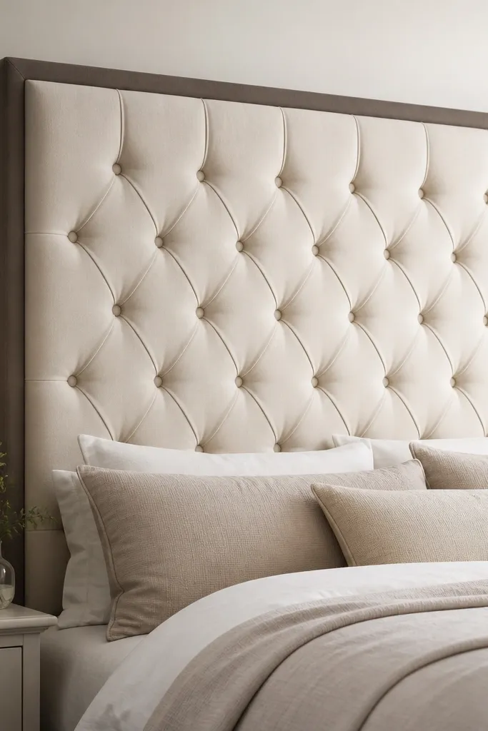 A tall headboard upholstered in cream fabric with diamond stitching. The edges have a darker fabric border and small button tufts. The surface looks padded and springy, with a clean rectangular shape.