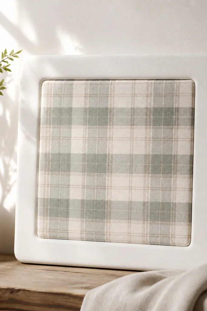 A thick, chunky wood frame painted white with a centered upholstered panel. The center panel is covered in muted plaid or check fabric, and the fabric edges are wrapped around a foam core. The frame corners look rounded and the finish is matte.