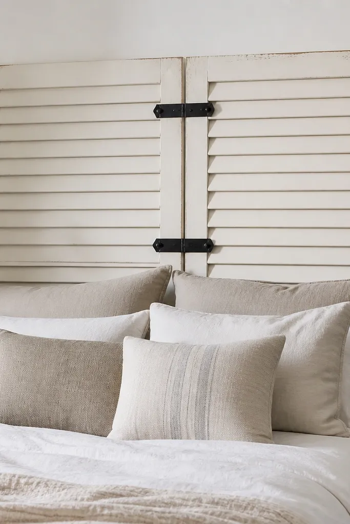 Two wooden shutter panels mounted side by side as a headboard. The wood is painted off-white with distressing, and each panel has horizontal slats. Black strap hinges connect the panels at the center, giving a hinged, barn feel.