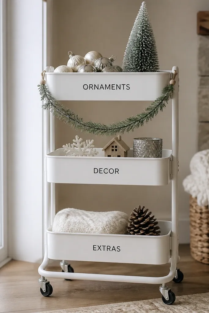 A white RÅSKOG cart styled for winter with three stacked trays holding faux ornaments, a small bottle brush tree, and a looped mini garland draped across the top shelf; the drawers have clean vinyl labels in black.