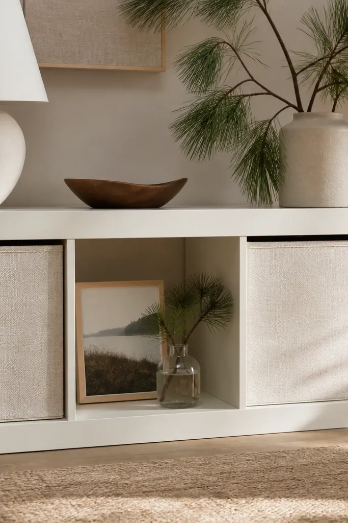 A KALLAX unit with three cubbies filled by fabric-wrapped panels; one cubby shows a small landscape photo behind a frame, and the other cubbies hold neutral pine branches in matching glass jars.