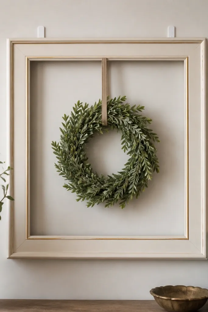 A flat wooden frame mounted on a wall with two Command hooks on the top rail; a small faux wreath hangs centered, and the frame has a painted cream finish with a thin gold line.