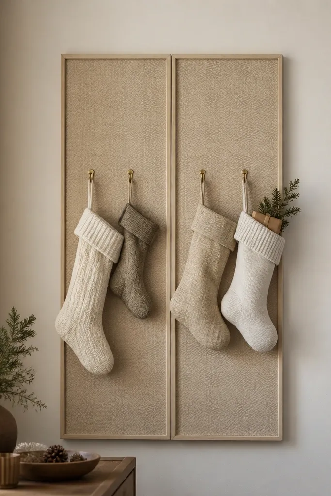 A narrow wall display made from two IKEA frames stacked side by side; stockings hang from small brass hooks, and the background is a warm beige fabric panel.