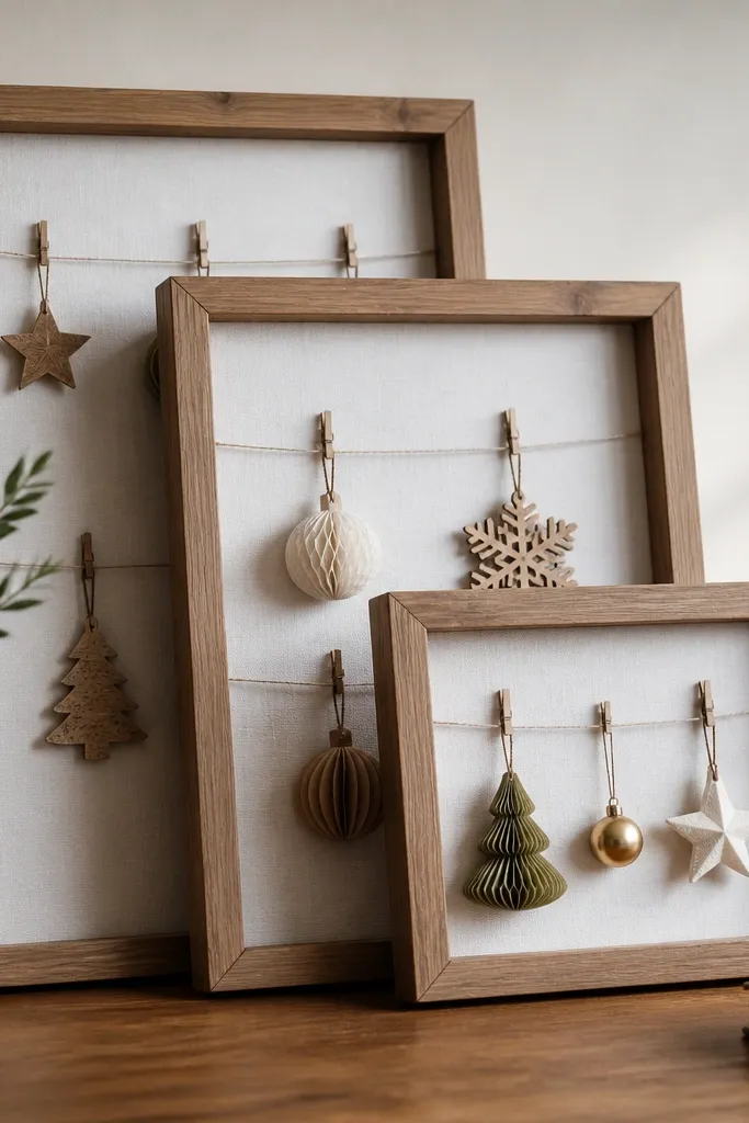 Three stacked picture frames on a tabletop; inside each frame is a white fabric backing with small string clips holding ornaments; the ornaments hang at different heights.