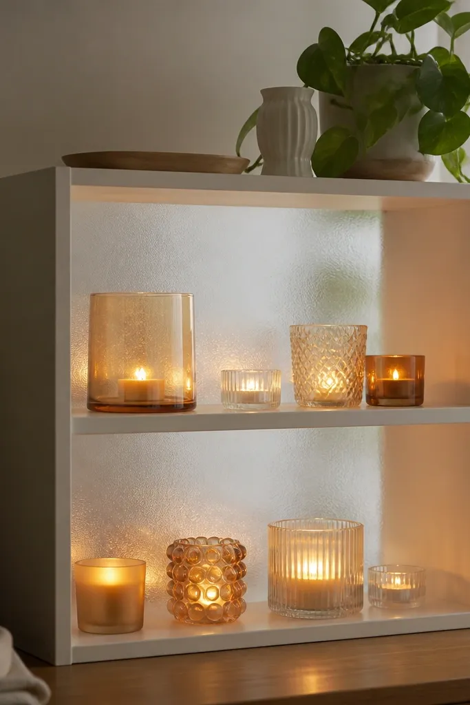 A small IKEA shelf with candle holders inside; the back panel is covered with frosted window film, and the candles glow softly in warm light.