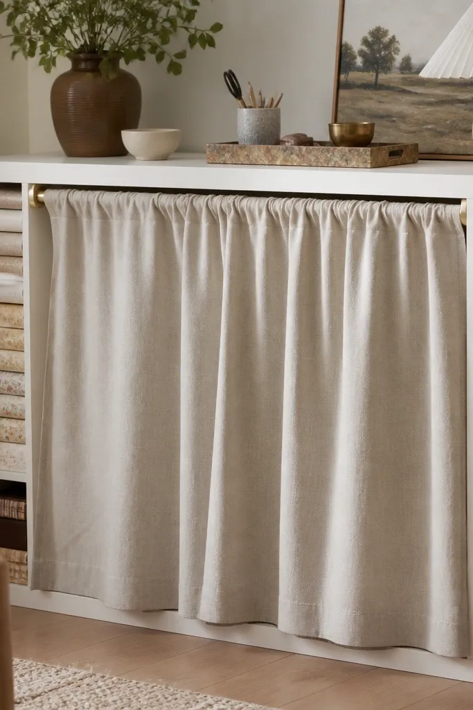 A KALLAX unit with a fabric curtain pulled across the front cubbies; a brass tension rod holds the curtain, and the sides show wrapped paper stacks and tape dispensers.