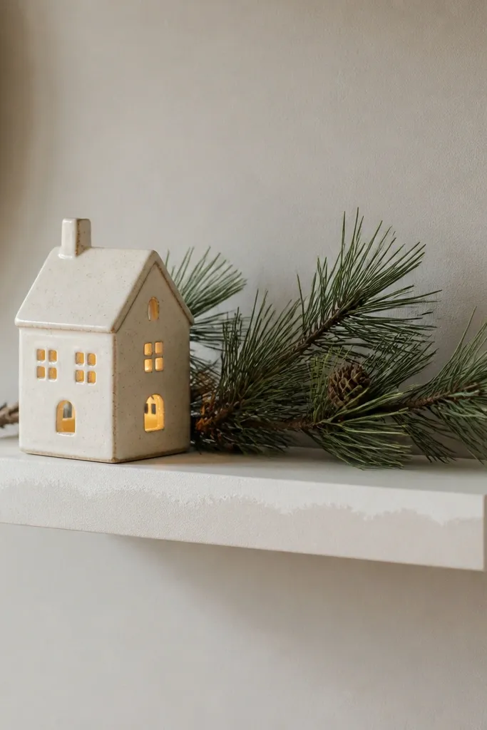 A small floating shelf painted off-white; the front edge has a "snowline" effect made with dry brushing and painter's tape; decor includes a ceramic house and pine stems.