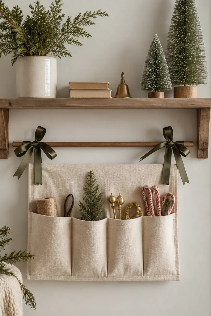 A wall-mounted shelf with a hanging organizer pocket holding small holiday tools; a ribbon is tied in clean bows around the organizer top bar.