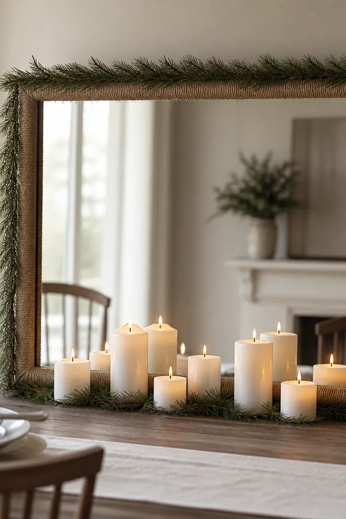 A rectangular mirror on a dining table; the mirror frame edge is wrapped with thin twine and a narrow strip of faux pine; candles sit in a line along the bottom.