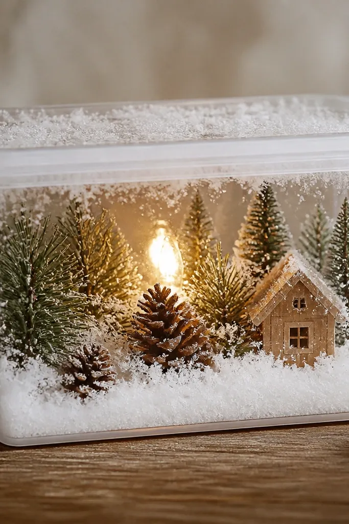A clear-lidded storage box used like a snow globe display; the inside has faux "frost" made from white flocking, with small pine pieces and a warm LED light inside.