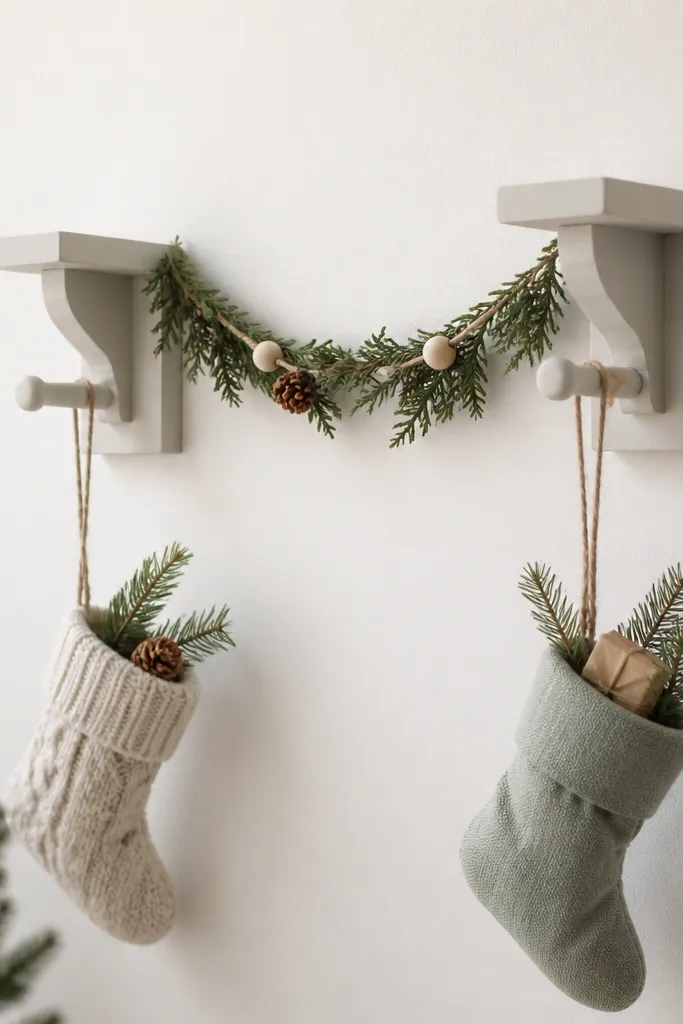 Two small wall-mounted shelf brackets with short painted wooden pegs; mini stockings hang from twine on the pegs, with a small garland across the top.