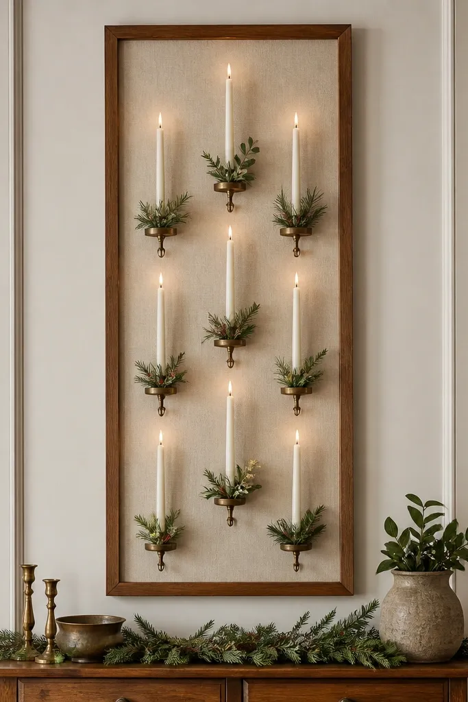 A tall frame mounted on the wall with fabric backing in cream; small removable hooks hold taper candles in holders; the arrangement looks like a vertical holiday display.