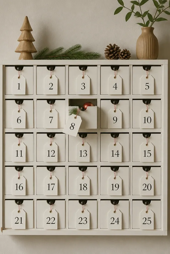 A wall-mounted IKEA photo tray converted into an advent calendar; numbered tags hang from small hooks, and each tag reveals a tiny drawer slot behind it.