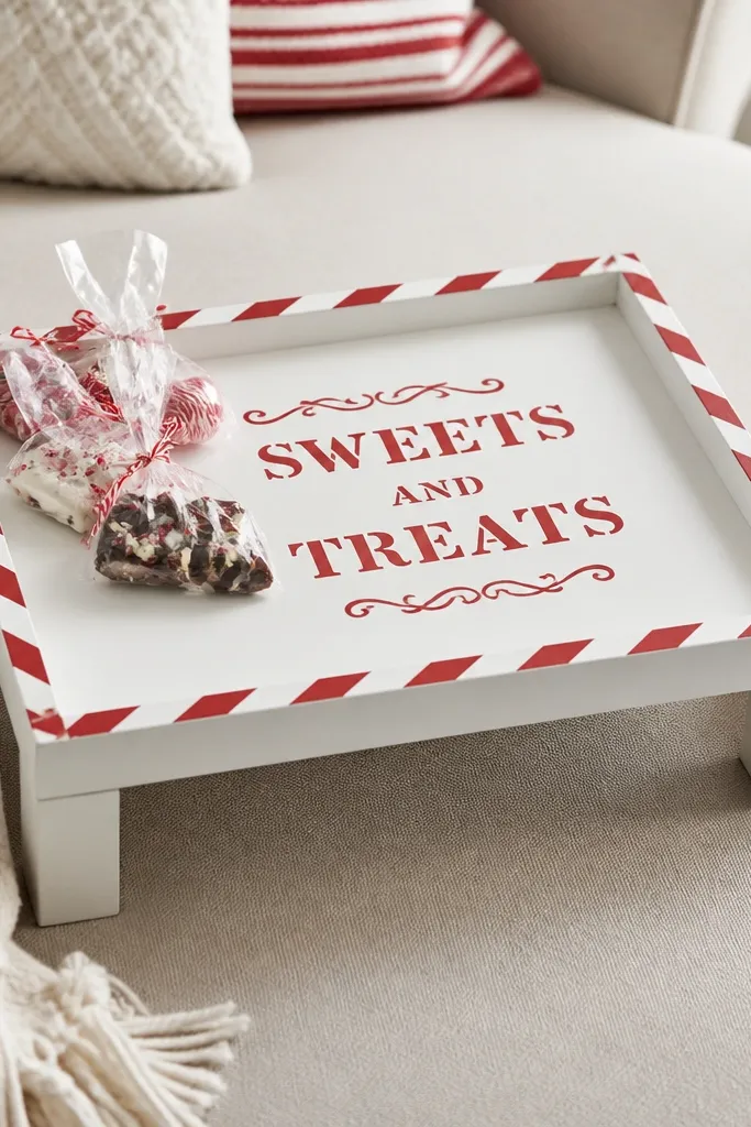 A small Lack side table turned into a serving tray; the top has painted stencil text and a red-and-white candy stripe border around the edge; a few wrapped treats sit on top.