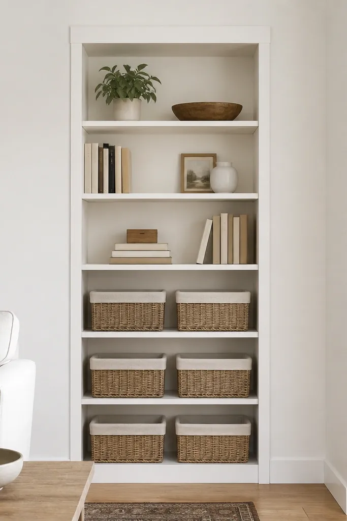 A tall Billy cabinet turned into a built-in look: the unit sits flush to a wall, with a white 1x4 top cap across the top edge. The inside back panel is painted the same soft white as the wall. Shelves show clean, even spacing, with neutral baskets on the lower shelves and a few books stacked upright on the upper shelves.