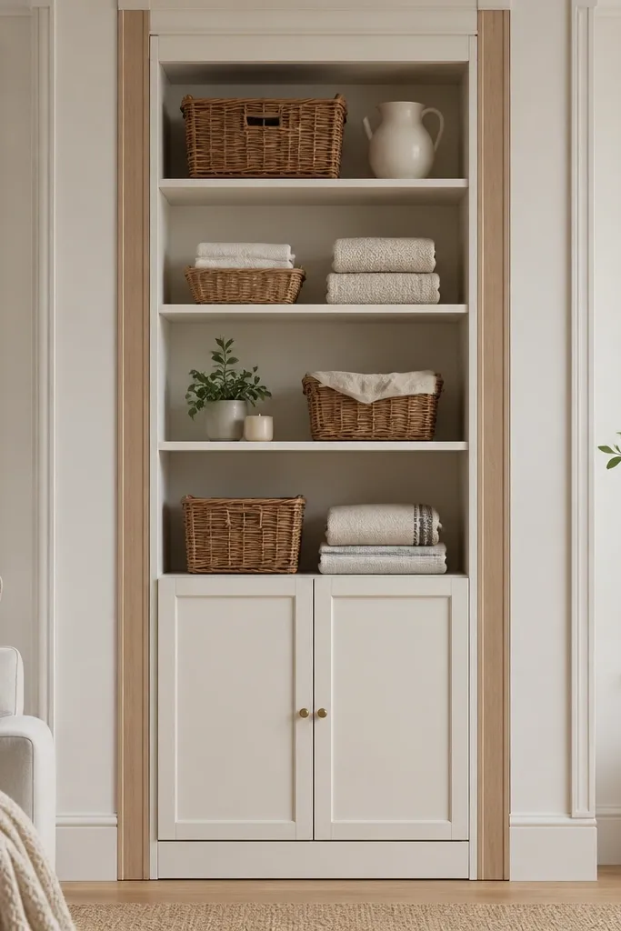 A Billy unit with wood-look side trim panels. The cabinet is centered in a bay of wall, and the sides are framed with narrow strips that align with the baseboard and window trim. The cabinet itself is painted a warm off-white, and the shelves inside are styled with small wicker baskets and folded linens.