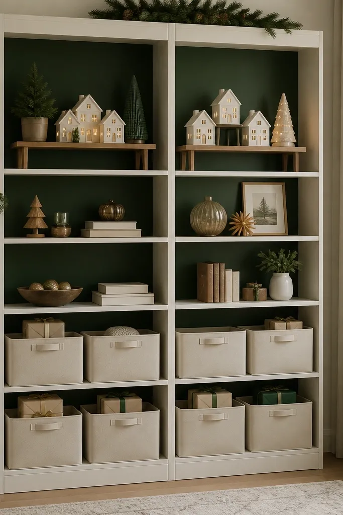 A Billy shelving unit styled for a holiday: the back panel is painted deep green. On top shelves, there are removable wooden risers holding small houses and ornaments. Lower shelves have labeled bins and a few wrapped gifts tucked inside. The unit looks neat and color-coordinated.