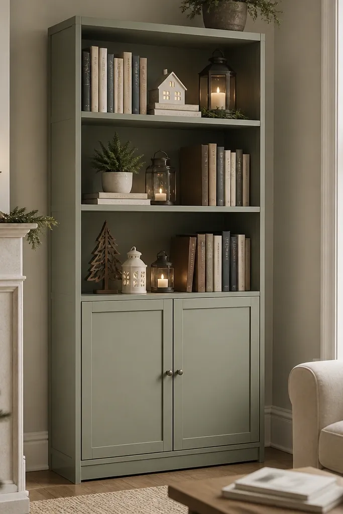 A Billy unit with open shelves on the top half and two hinged doors on the bottom half. The doors are painted the same color as the cabinet. Inside the open section are books and holiday lanterns; inside the doors are baskets and storage boxes.
