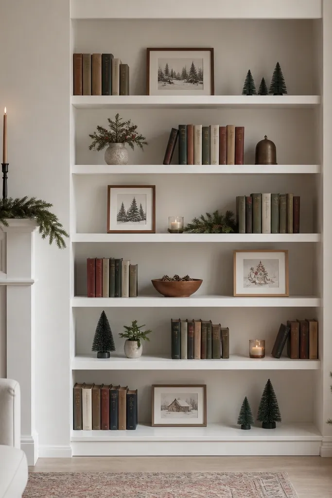 A Billy-like unit where the shelves look like they're floating. The shelf edges look clean, with minimal visible supports. The interior shows smooth, painted surfaces and evenly spaced shelves holding books and framed holiday prints.