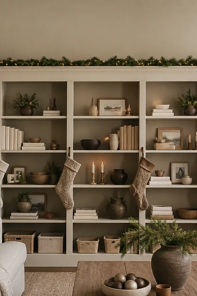A row of Billy units across a wall with a continuous ledge effect. The top looks like one long mantel with matching trim, and the interior back is painted a warm neutral. Holiday decor is laid out in staggered heights with garlands and small stockings.