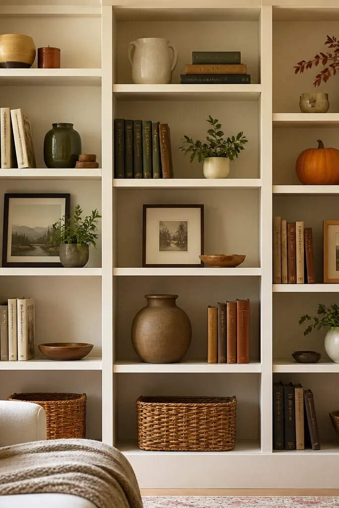 Billy shelving with adjustable shelves set at different heights. A mix of books and seasonal display items fits because shelf spacing changes. The interior is painted a light neutral, and the shelves show precise alignment.