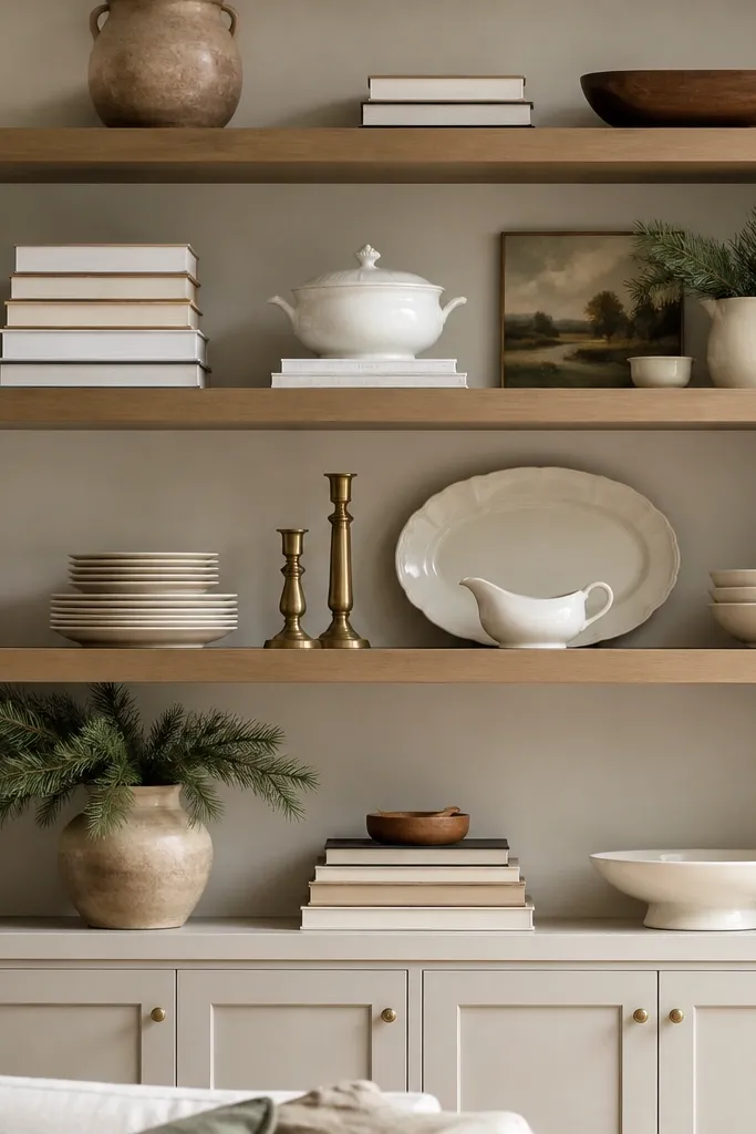 A built-in style wall section with custom shelving boards. Shelves look perfectly level, with hidden brackets that keep the underside clean. The wall has a smooth painted finish, and the shelves hold heavy items like stacked books and holiday serveware.