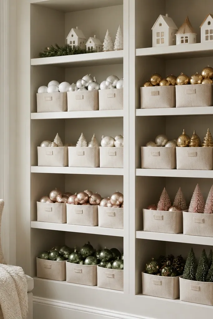 Billy shelves styled with linen-texture baskets in matching neutral tones. There are small labels on baskets, and holiday decor is grouped by color. The unit has a clean painted interior and a consistent shelf height.