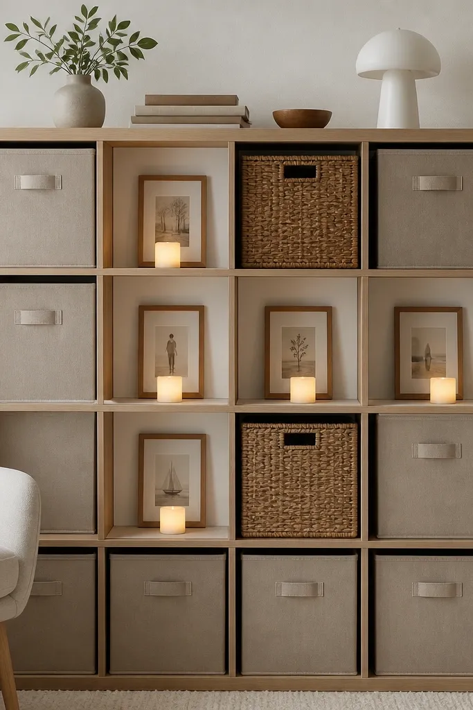 A Kallax shelf where several cubes have custom inserts: matte white foam board backs, small framed prints in warm wood frames, and tiny LED candles placed on cube floors.