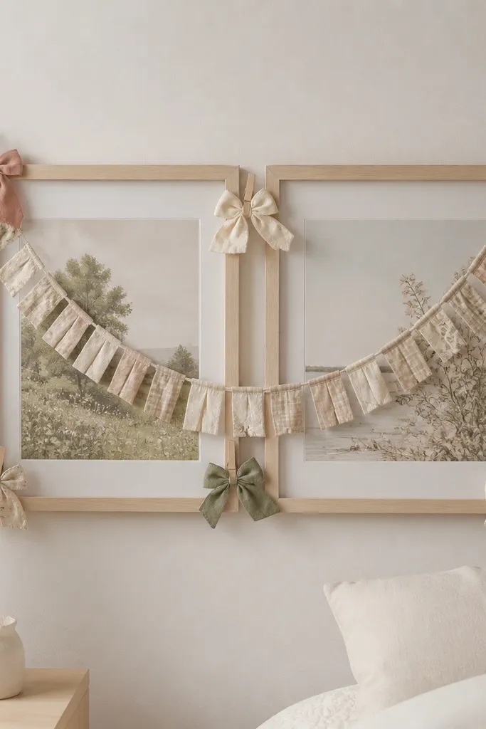 Two Lack picture frames mounted side-by-side with a fabric garland draped across them; several no-sew bows are clipped to the frame edges.