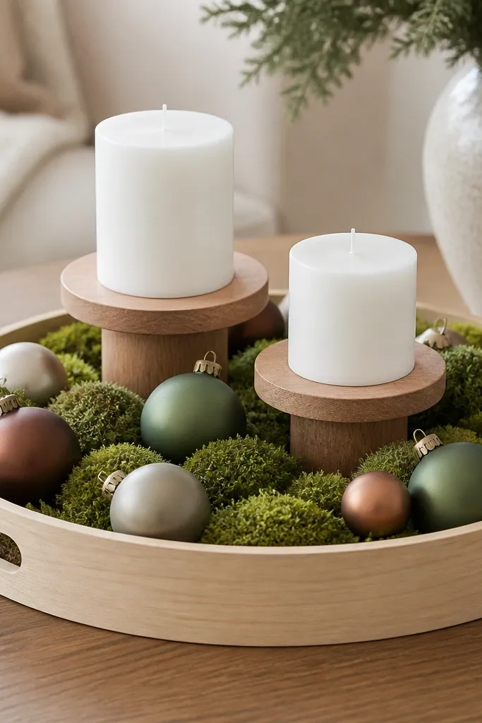 A round Ikea tray filled with faux moss, scattered matte ornaments, and two small white pillar candles on short wooden risers.