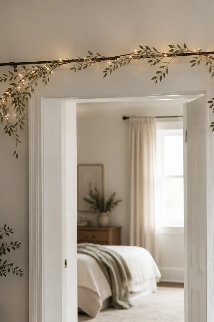 A slim curtain rod mounted above a doorway with a fake branch garland and small white string lights draped along it.