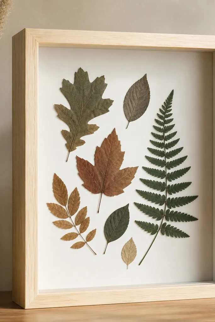 An Ikea photo frame turned into a shadow box with a paper backing, pressed leaf shapes, and a thin layer of clear plastic on top.