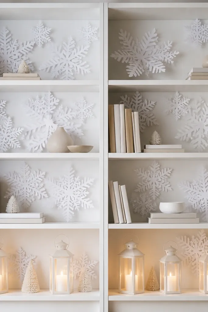 A BILLY shelf with a painted white shelf back, paper snowflake cutouts layered at different depths, and small lanterns on the bottom.