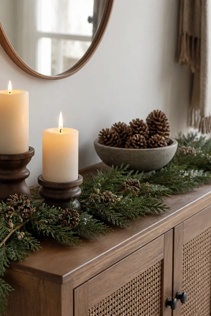 Top of a shoe cabinet styled with a garland runner, two staggered candle heights, and a small bowl of pinecones.