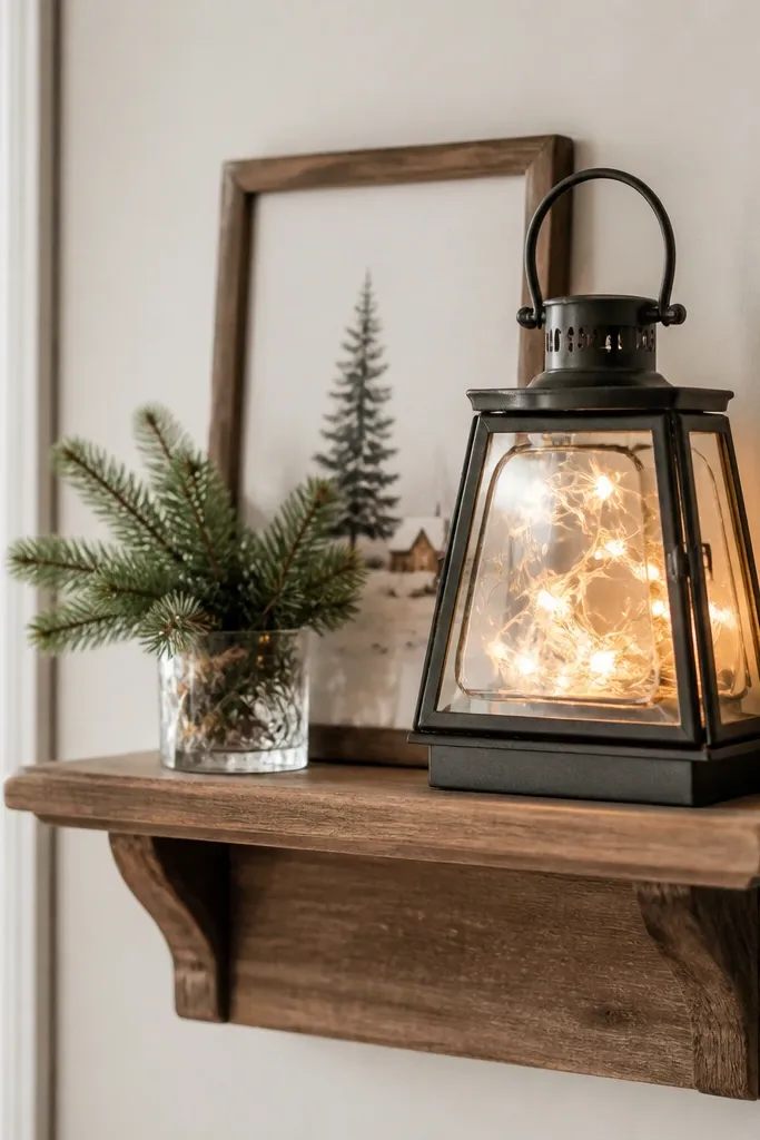 A small wall shelf holding a lantern with warm LED lights, a mini evergreen sprig in a glass cup, and a framed holiday card behind.