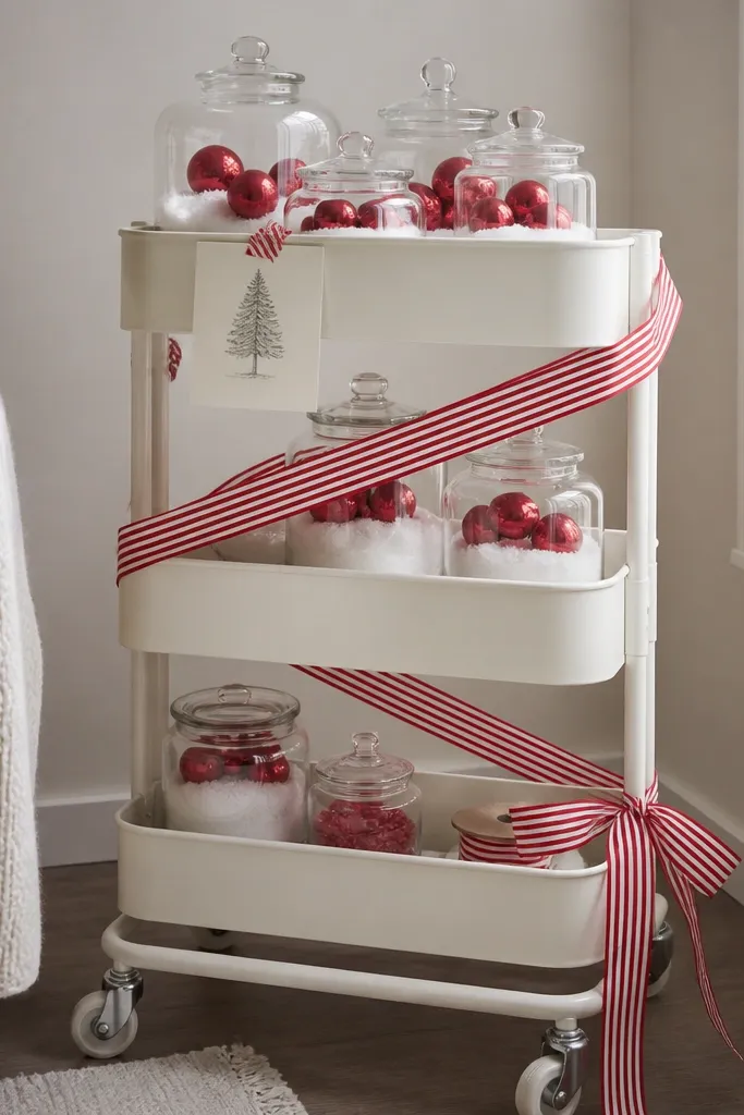 An Ikea rolling cart with red-and-white striped ribbon wrapped around the front, glass jars filled with white faux snow and red ornaments, and a small sign taped to the top shelf.