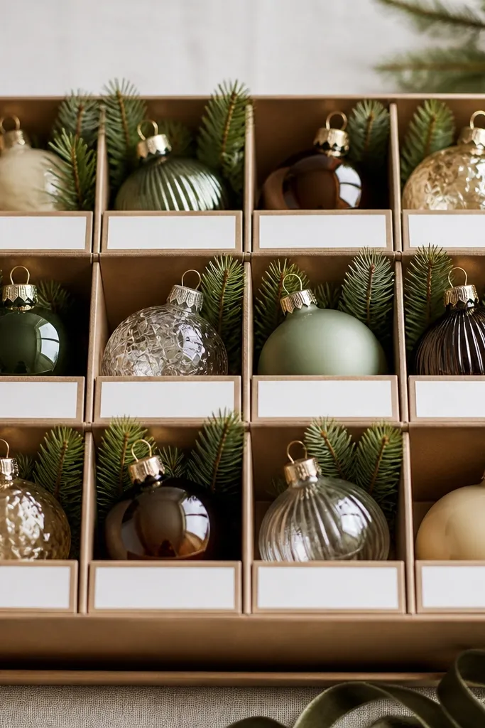 A set of small Ikea boxes arranged like a grid on a tray, each holding a single ornament and a sprig, with a uniform label area.