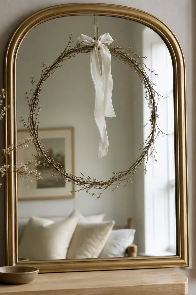 A mirror with a wreath made from thin branches and white ribbon placed behind the mirror frame, visible through the glass.