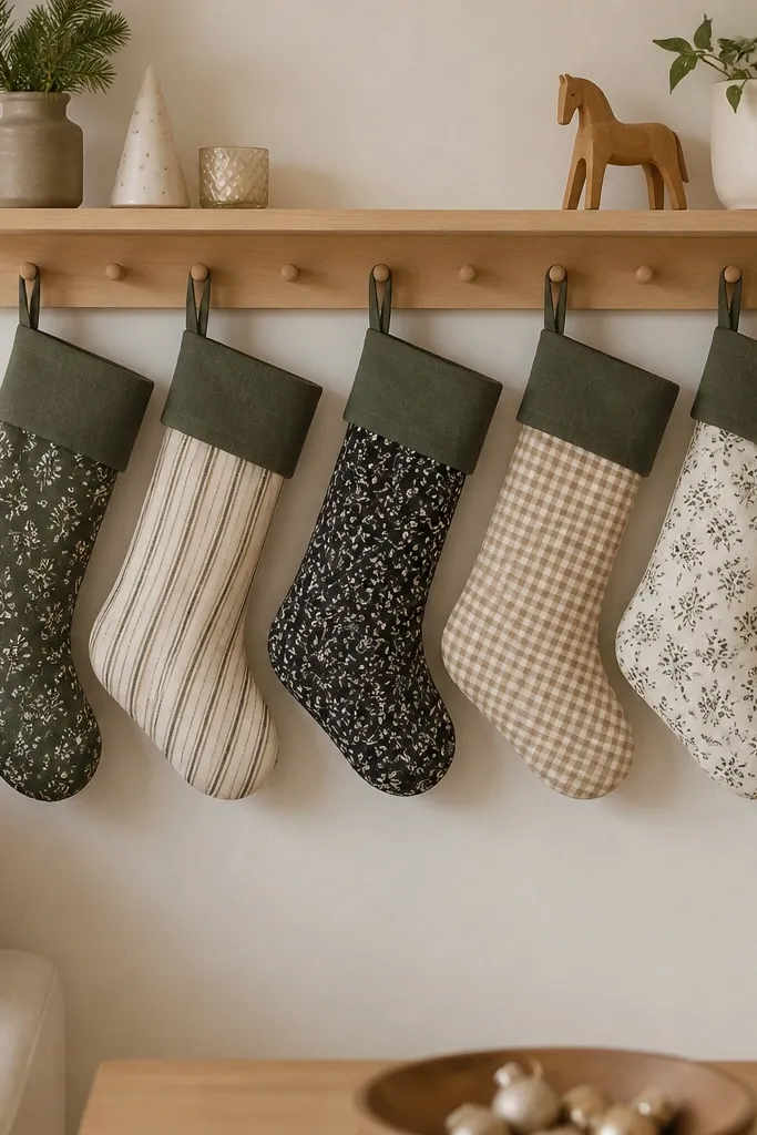 Small fabric stockings hanging from hooks under an Ikea wall shelf, each with a different pattern but matching trim color.