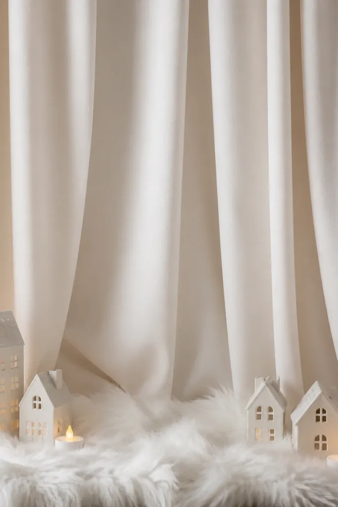 A curtain panel hung like a backdrop with white faux fur draped across the bottom, plus small ceramic houses and LED tea lights.