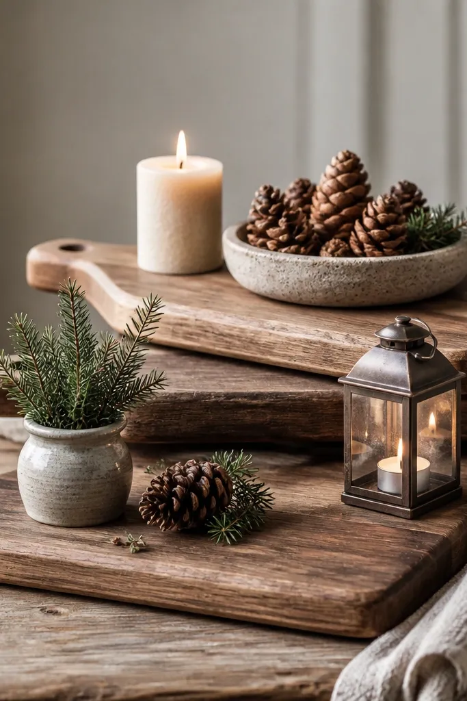 Three wooden cutting boards stacked at different heights on a table, each topped with seasonal items like a candle, a pinecone bowl, and a small lantern.