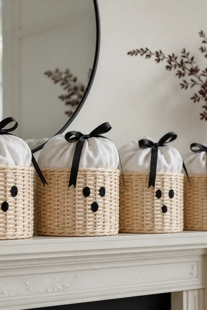 Light-colored Ikea baskets arranged on a mantel, each stuffed with white fabric and topped with a small black bow; faces are made from marker dots.