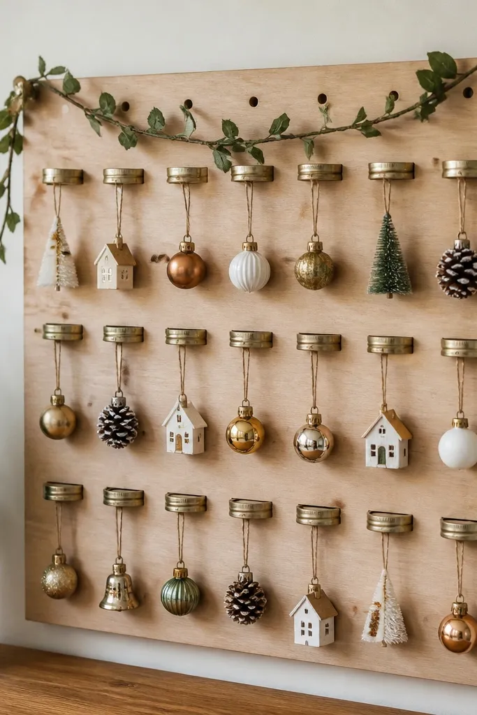 A small pegboard wall with evenly spaced jar lids holding mini ornaments by string, and a garland wire running across the top.
