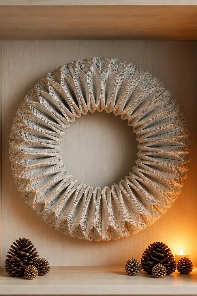 A round wreath made from folded shelf liner material mounted inside a cube display, with tiny pinecones and a warm light at the base.