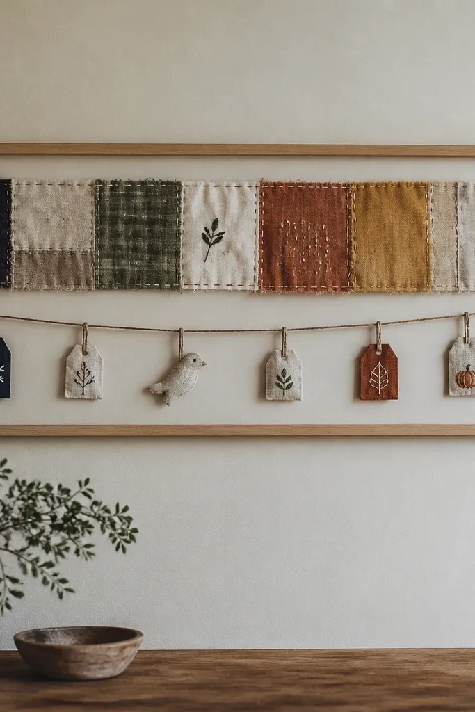 A long Ikea frame mounted horizontally with multiple fabric scraps stitched into a banner-like strip, plus small seasonal tags hanging from twine.