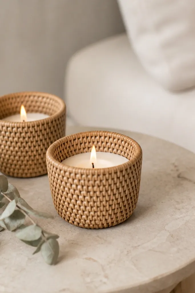 Small rattan baskets used as candle cups on a side table, with white candles and a few dried eucalyptus sprigs.