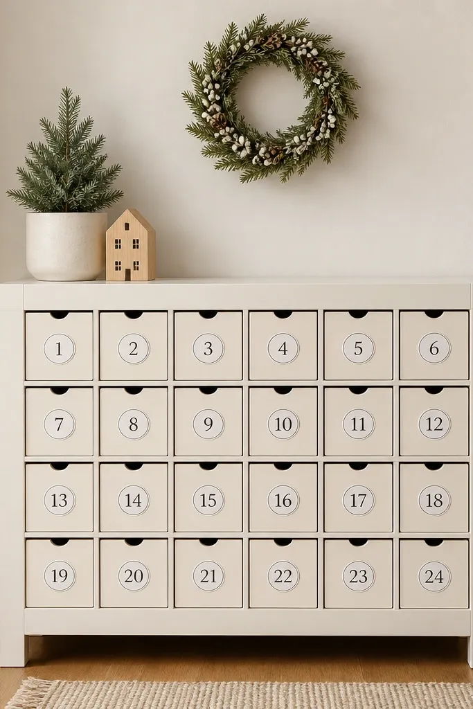 A small Lack shelf with 24 mini compartments made from foam board, each labeled with printed number tiles, and a small wreath above.