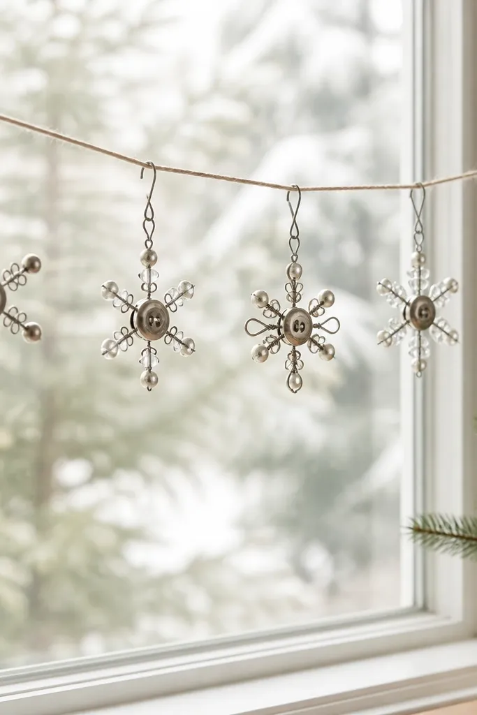 A set of small snowflake ornaments made from cabinet knobs and metallic wire, hanging on a string across a window.