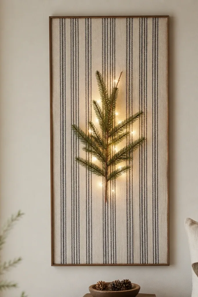 A wall hanging made from a striped table runner stretched across a frame, with a small evergreen sprig and a string of warm lights pinned behind.